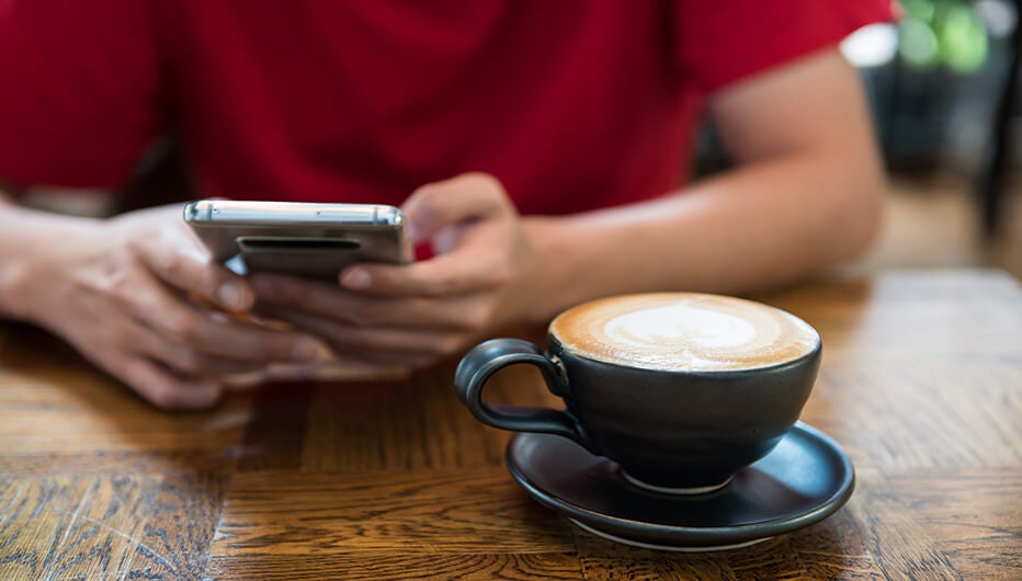 red shirt coffee phone